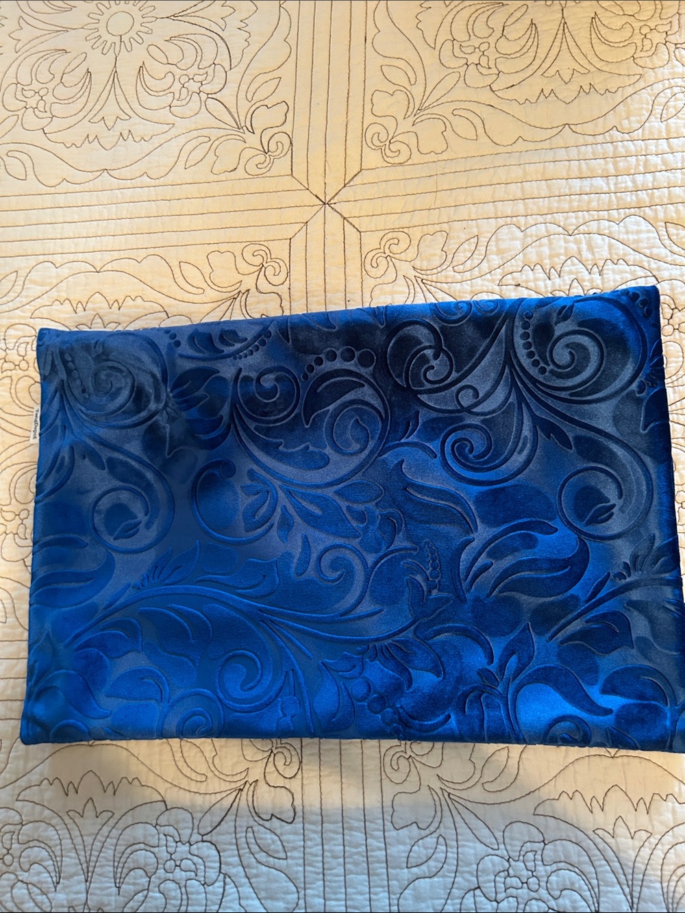 Blue velvet patterned pillow cover with zipper closure